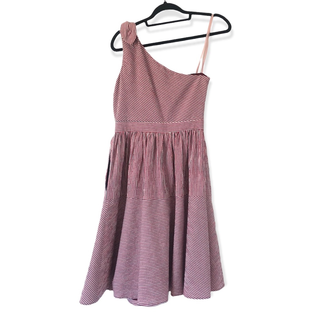 Gal Meets Glam One Shoulder Striped Seersucker Midi Dress women's size 4 - Picture 6 of 6